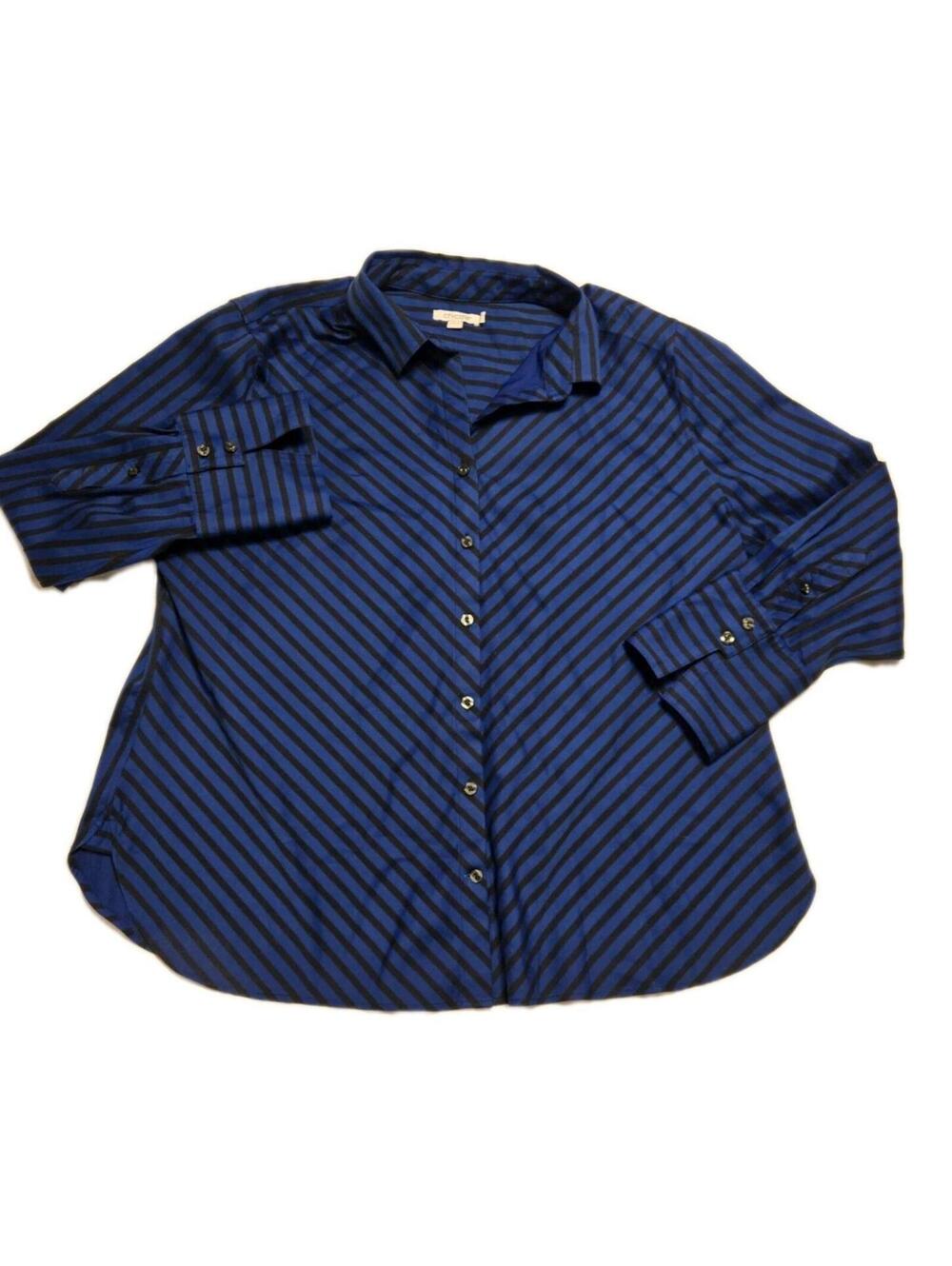 Chico's Size 18 Blue Black Stripe CC Monogram Cuff 3/4 Button-Front Shirt